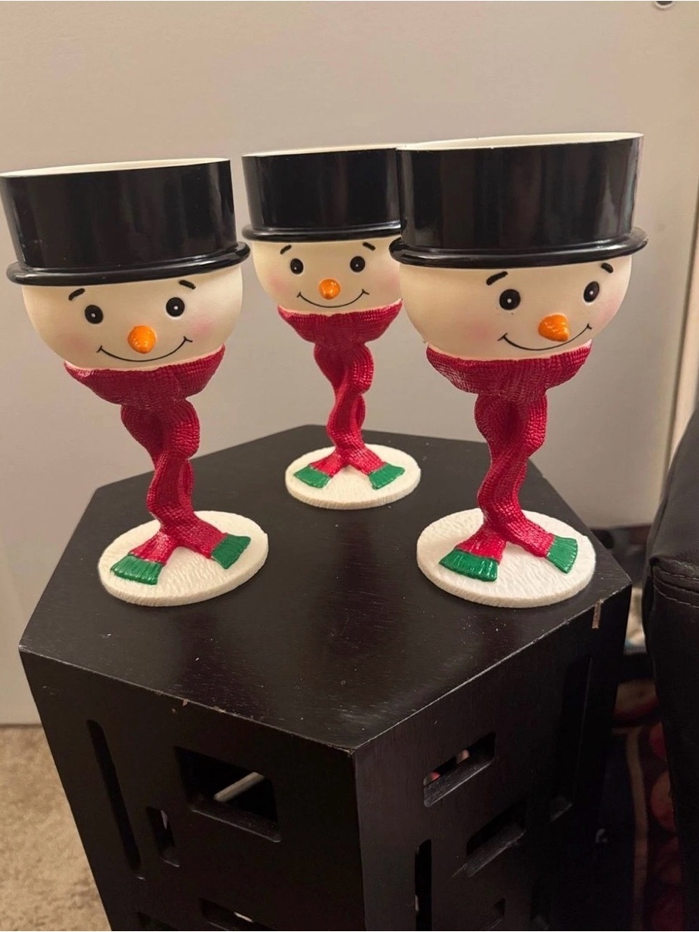 3 collectible Tipsy snowman plastic stem goblets 1950s